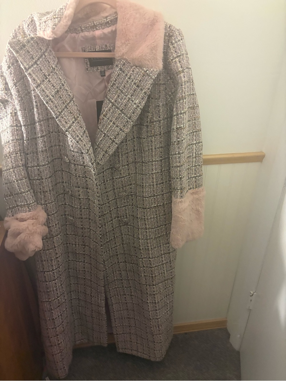 Eloquii Womens 14/16 Tweed Long Coat Faux Fur Collar Cuffs Pink Gray Plus Size